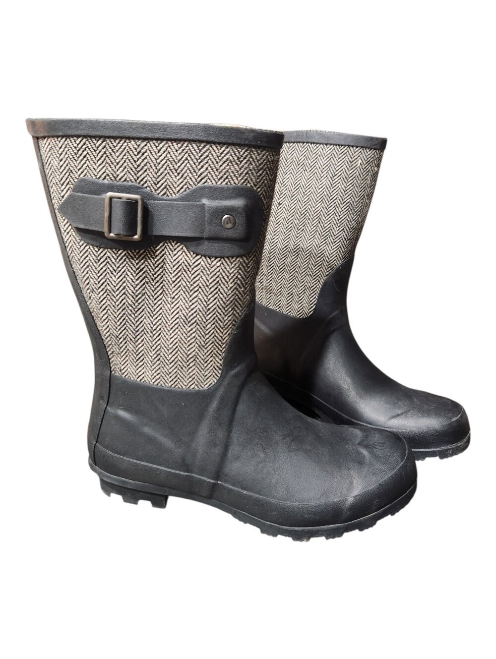 Chooka Waterproof Rain Boots Black Herringbone Mid Calf Size 6 EUC